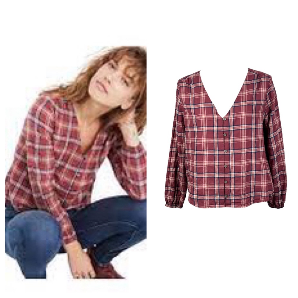 Madewell V Neck Button Down Shirt In Stratford Plaid.